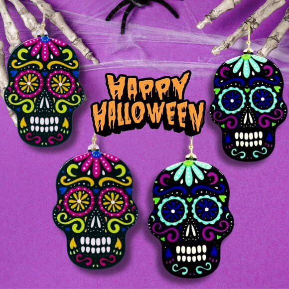 BOGO DEAL NEW ETSY ACRYLIC CUT SUGAR SKULL HALLOWEEN EARRINGS HYPOALLERGENIC - Picture 2 of 6